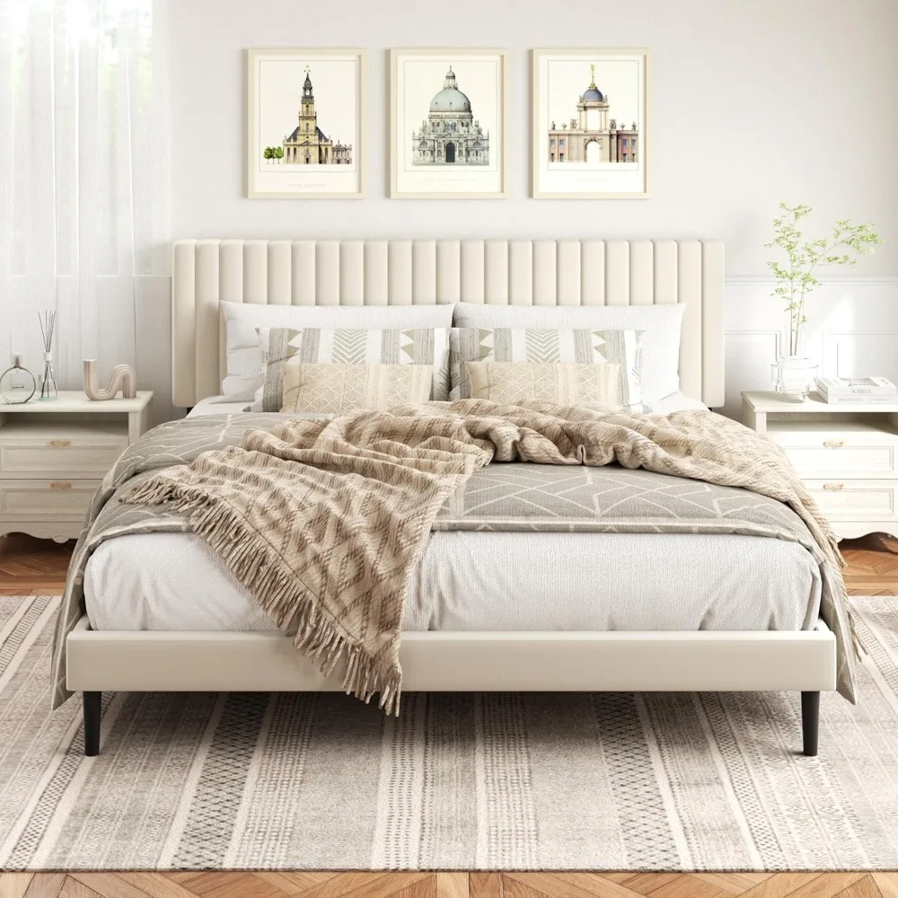 

King Size Bed Frame,King Size Platform Bed Frame and Velvet Upholstered Headboard with Strong Wood Slats, Box Spring Optional, M