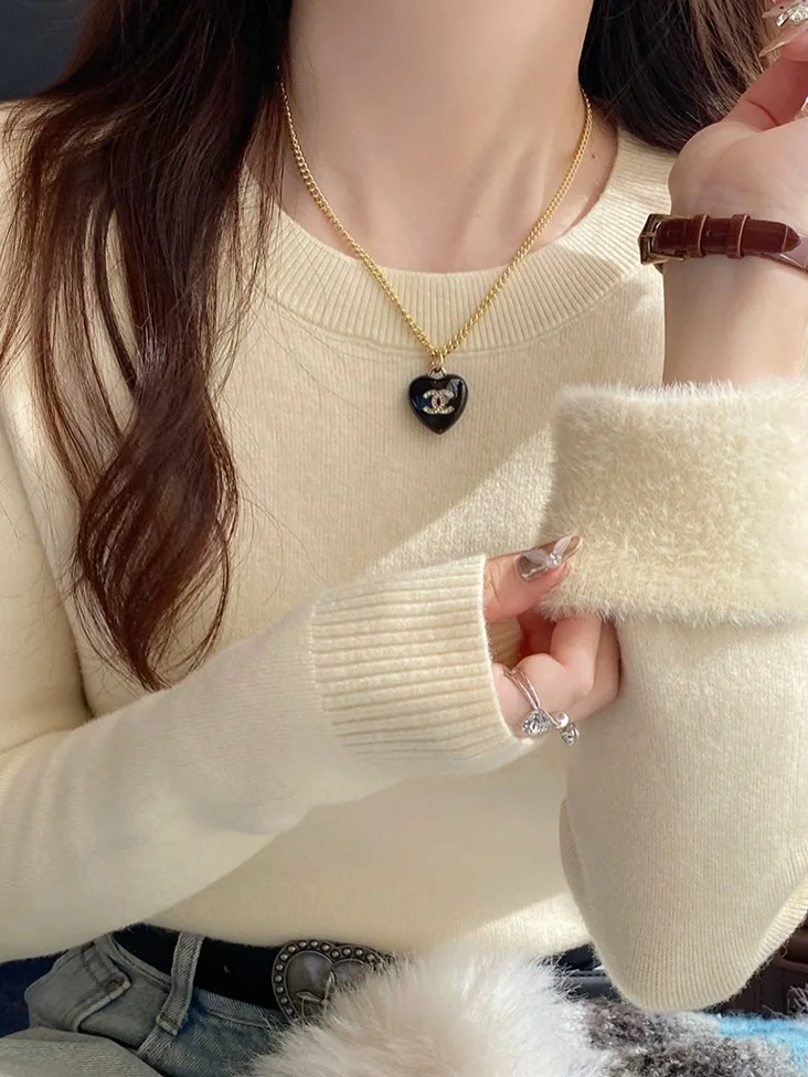 

Thiened round Ne Knitted Sweater Fce Lined Base Layer irt Women's Winter Warm Fluffy Color Knitwear Top