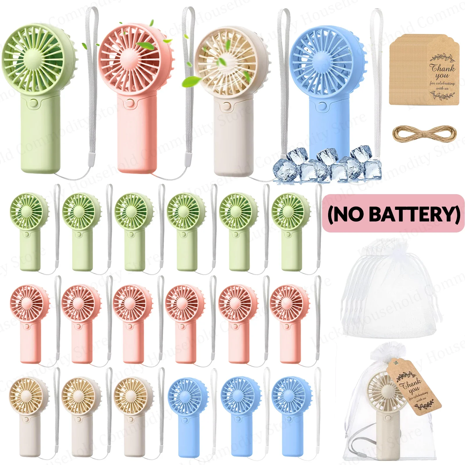 12個～30個入り、持ち運び可能な小型扇風機。結婚式のゲスト用として最適。電池式で、メッセージカード付き。