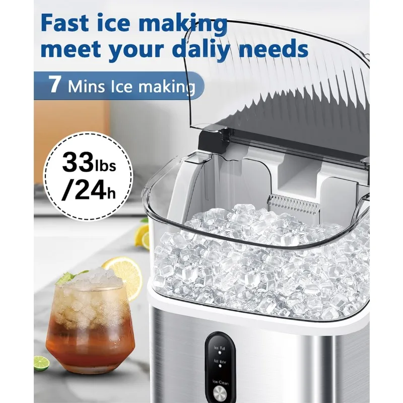 ماكينة صنع الثلج المحمولة على سطح الطاولة من Nugget Ice Maker مع مقبض، التنظيف الذاتي، صانع الثلج المحمول، الفولاذ المقاوم للصدأ