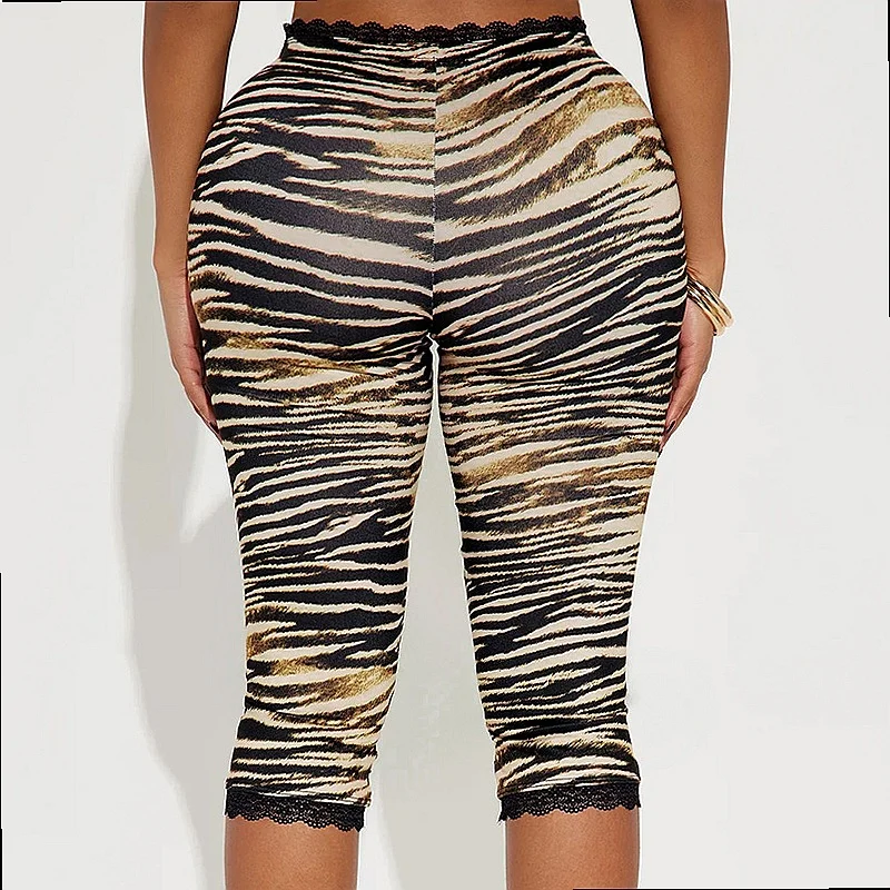 Sexy Leopard Lace Capri Leggings, Summer Tight Fitted Pants for Women, Cute Knitted Tights