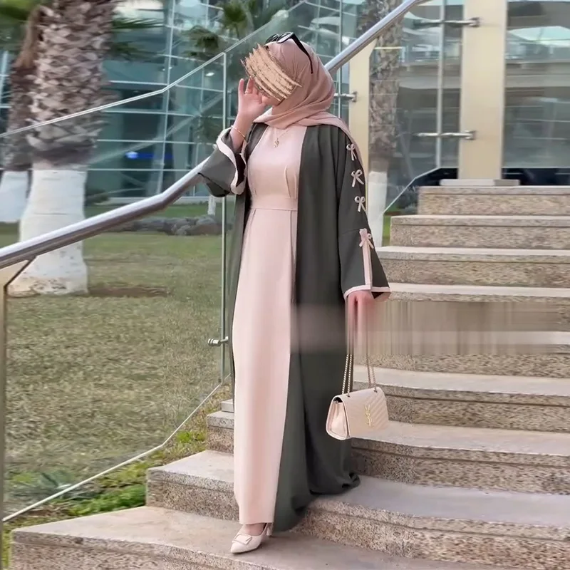 

Мусульманское открытое длинное платье Абая, костюм, кардиган, халат, платья, Дубай, комплект из 2 предметов, Джалабия, Рамадан, скромные абайи, кафтан, Ид, Vestidos