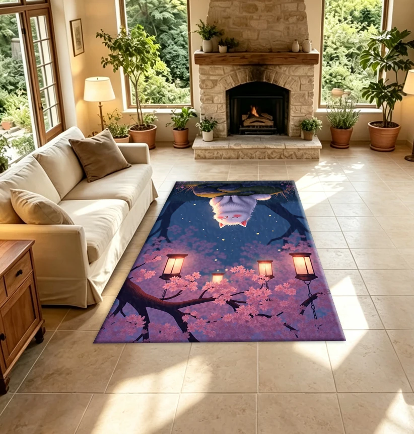 Cute Fluffy White Cat Cherry Blossom Scenery Carpet Flooring Indoor Decorative Area Rug