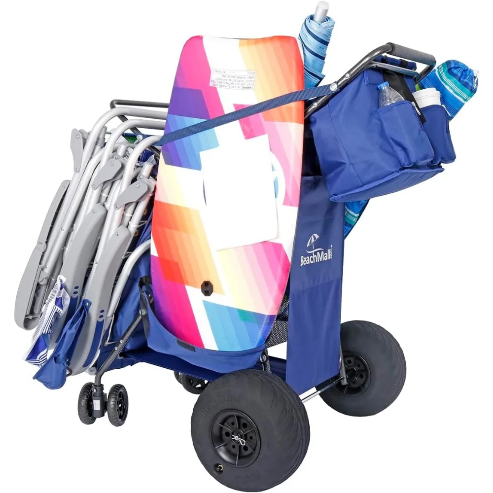 Максимальная пляжная тележка с колесами для песка — тележка-багги с большими колесами, изолированная сумка-холодильник, доска для тела и держатель для зонта