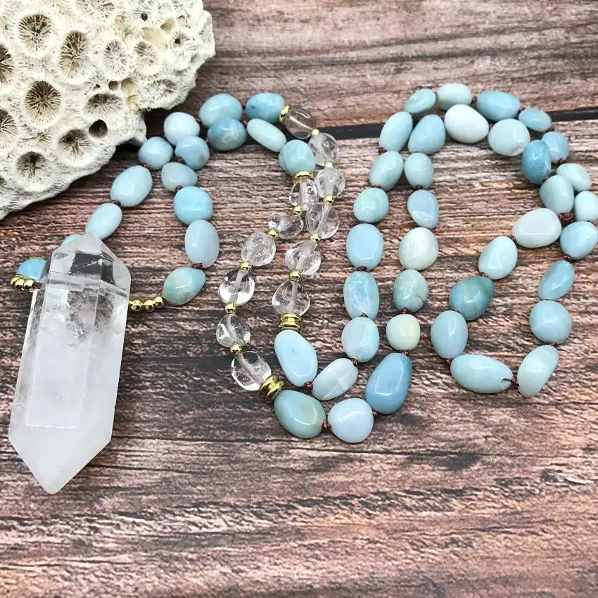 Raw Amazonite Chip Beads Quartz Crystal Double Point Pendant Knotted Handmade Yoga Mala Prayer Necklaces Women Jewelry,QC0160