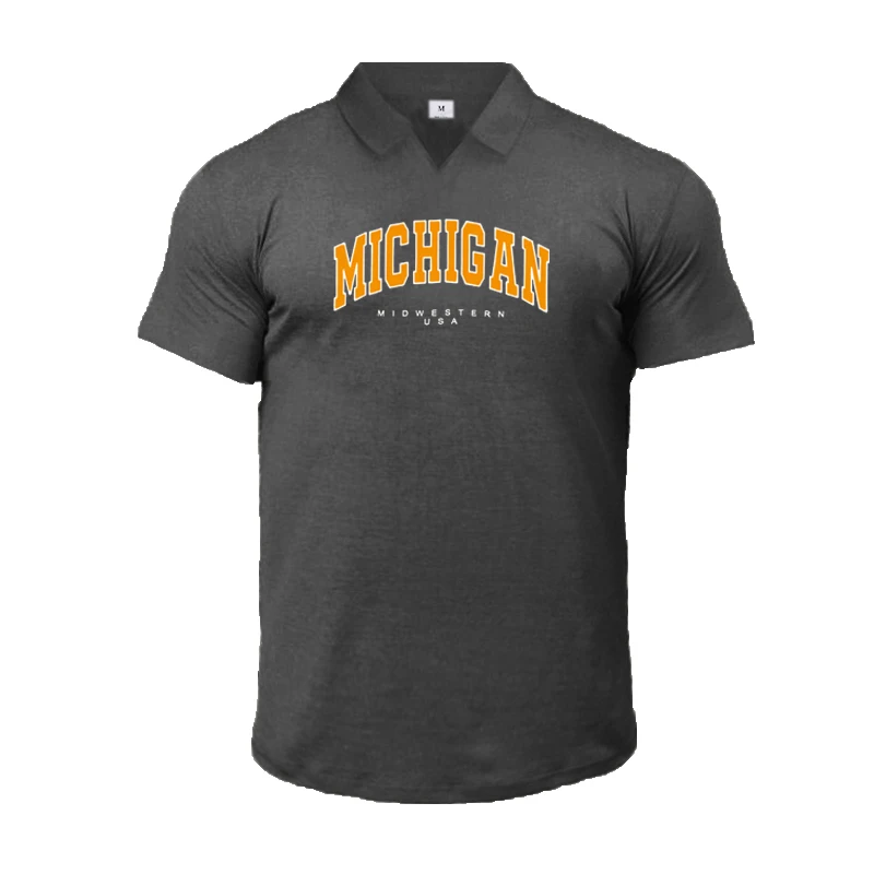 

Gym Fitness Bodybuilding Polos Michigan Midwestern USA Mens Sport Polo Shirts Summer Cotton Breathable Short Sleeve T-shirts