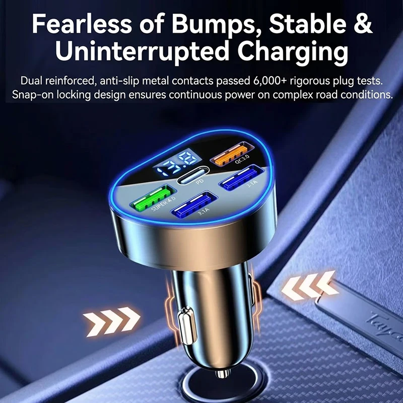 5-Port Car Charger with LED Voltage Display, PD and QC3.0 Fast Charging Adapter, Stable Multi-Device Auto Charger For iPhone 17 view 3