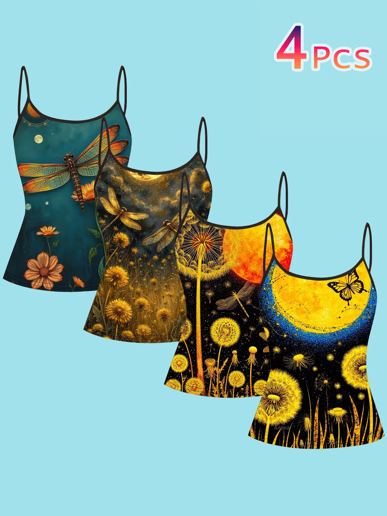 4-Piece Set of Women's Spaghetti Strap Camisoles with Vintage Gold Dandelion, Dragonfly, Moonlit Night, and Starry Sky Art Illustration Print, Slim-Fit Sleeveless Tops