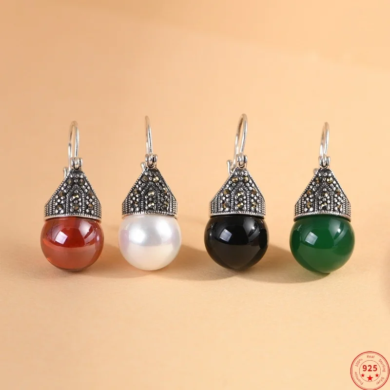 

S925 Sterling Silver Clips Earrings for Women Agate Zircon Mabe Pearl Beads Micro Inlay Marcasite Ear-clips Jewelry Wholesale