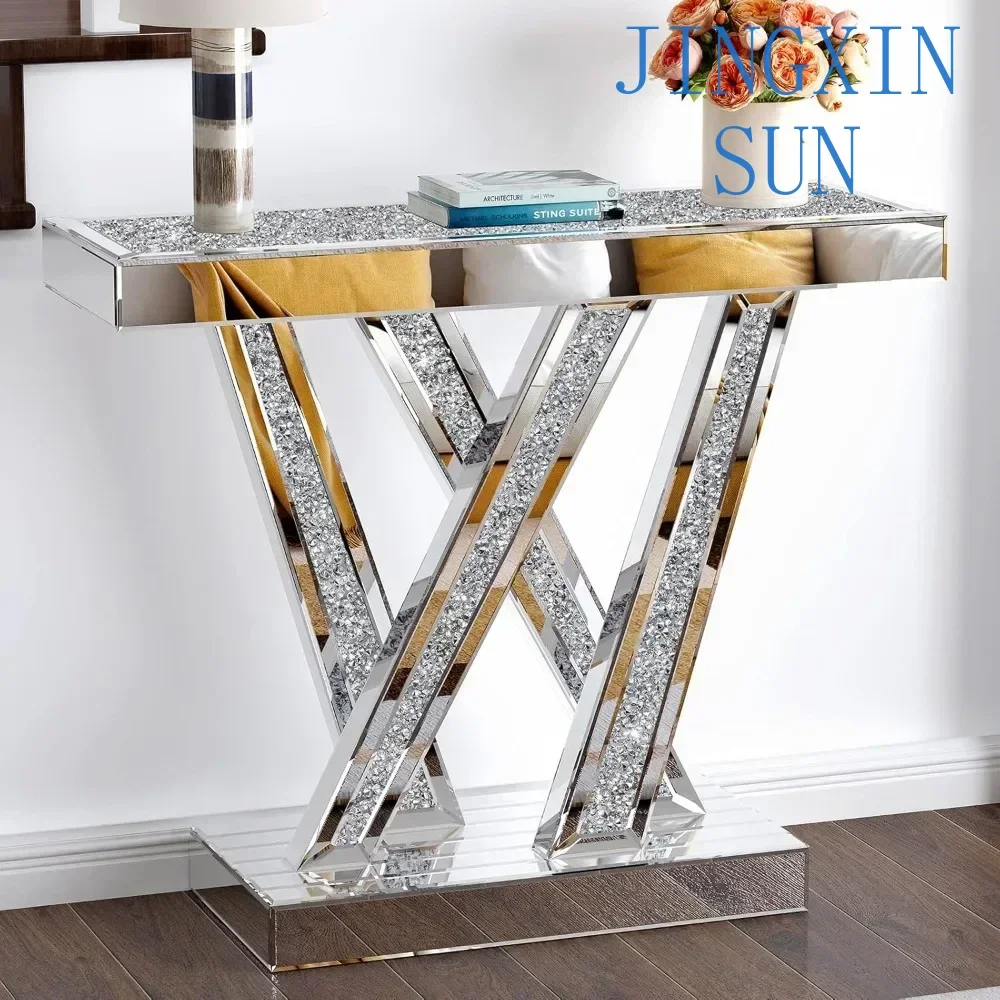 35 inches Table  for Living Room Hallway Decorative table Style W Silver Entryway Table Inlay with Sparkly Crushed Crystals