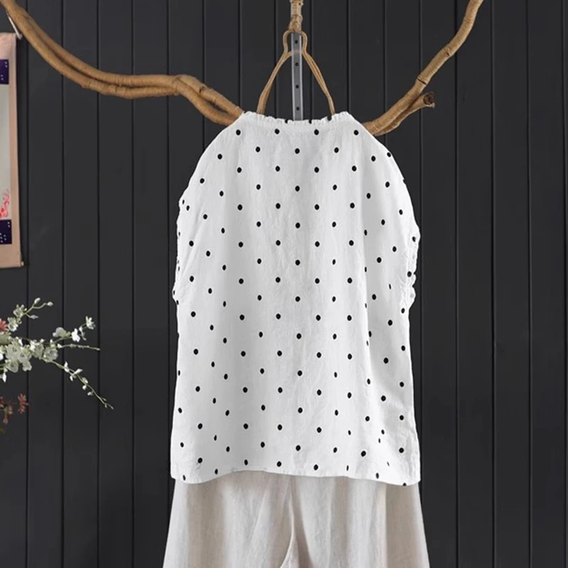 المرأة عادية قميص كتان جديد وصول 2025 الصيف خمر نمط س الرقبة البولكا نقطة فضفاضة الإناث بلا أكمام بلايز قمصان M1712 #5