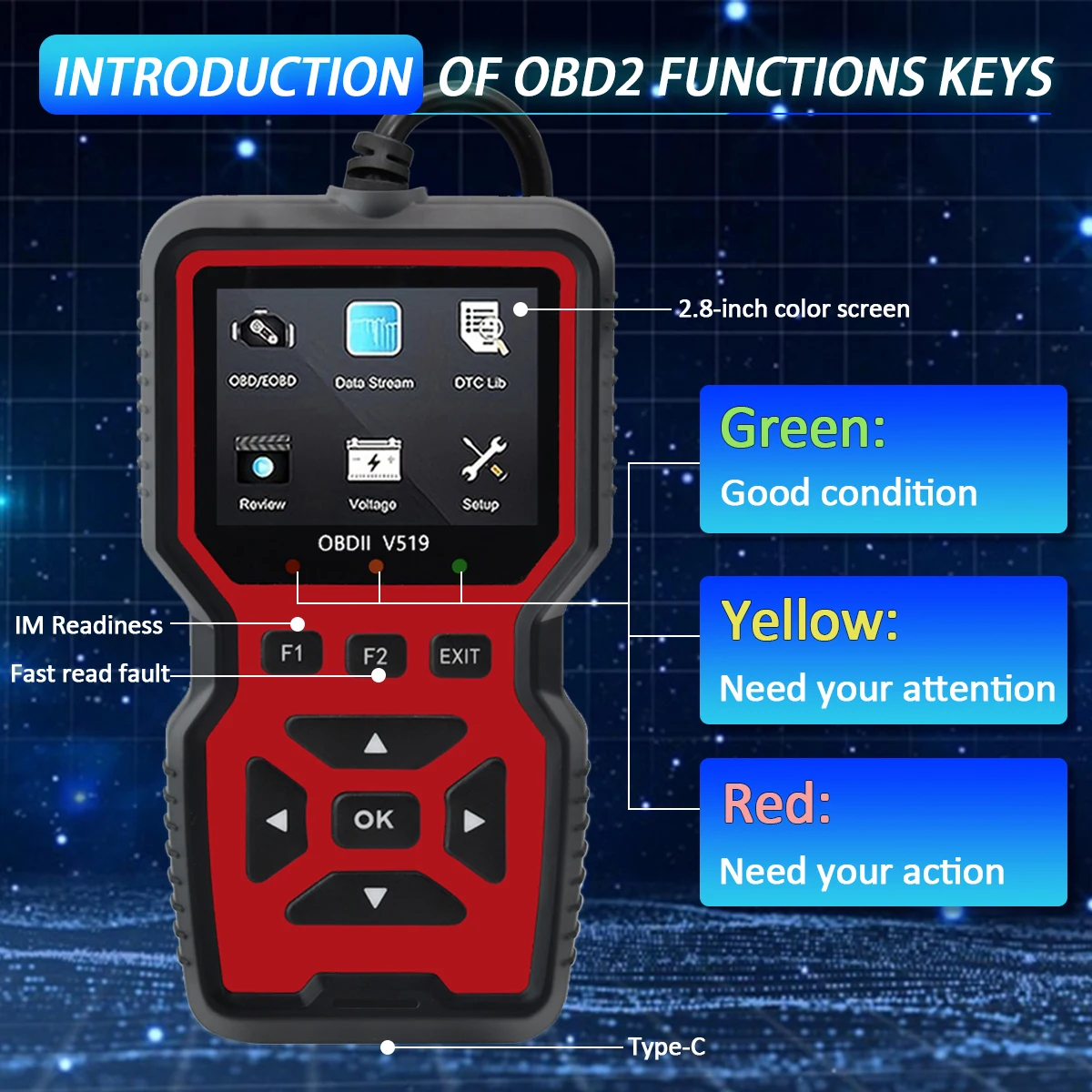 Car OBD2 Scanner Diagnostic Tool Code Reader, Car Voltage Tester Engine Fault Code Scanner, Charging Tester Diagnostic Tool 519R