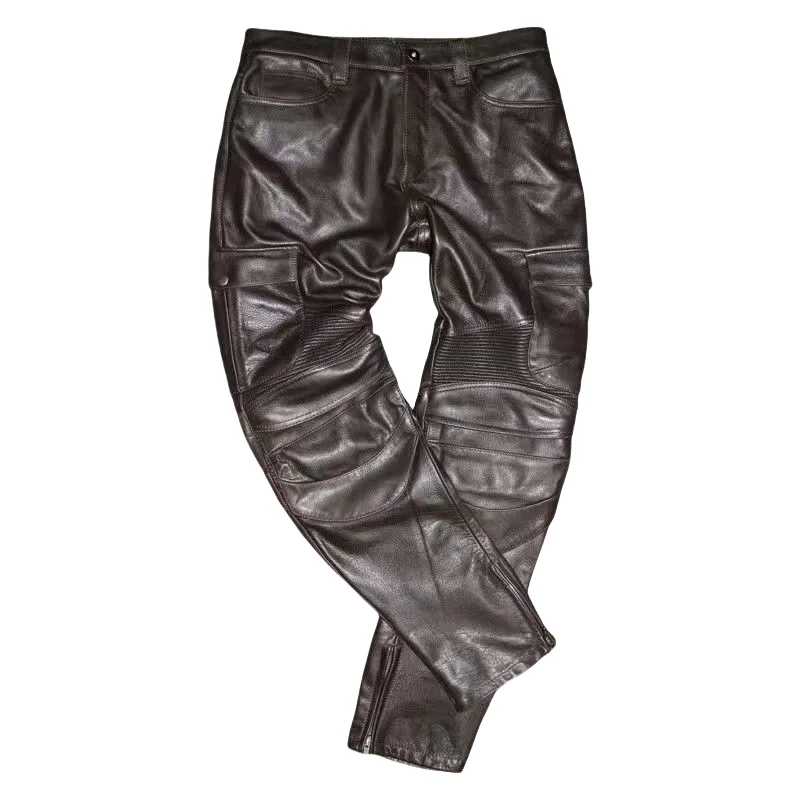 Men's Genuine Cowhide Leather Motorcycle Pants Dark Brown Biker Trousers Quilted Knee Pads Cargo Pockets Ankle Zips  Riding Pant