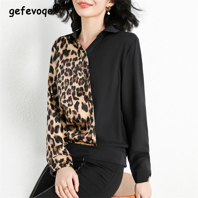 2024 Spring Autumn Women Fashion Leopard Print Patchwork Asymmetrical Shirts Vintage Elegant Chic Blouses Long Sleeve Loose Tops