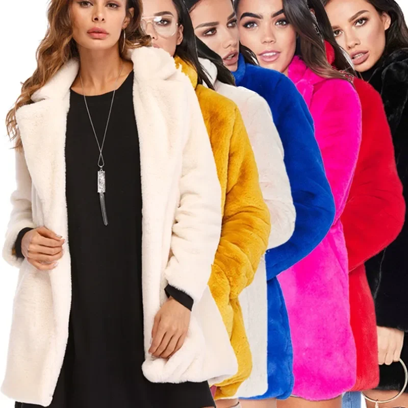 Fashion Elegant Women Medium Long Styles Stand Collar Loose Rabbit Hair Jacket Faux Fur Coat White Pink Black Red Women Clothing