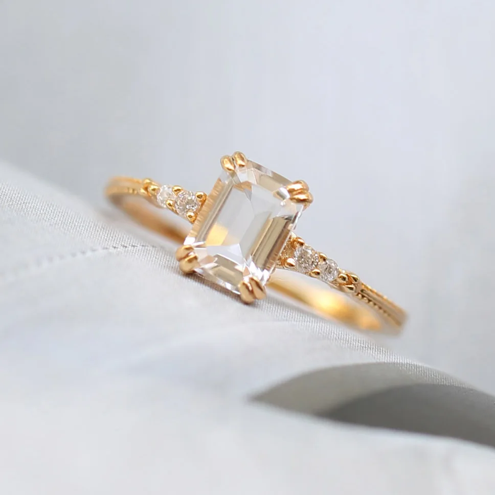 LAMOON 925 srebrny Vintage pierścień dla kobiet plac naturalny jasny kryształ 14K jasne złoto Plated Fine Jewelry Japan Style LMRI171