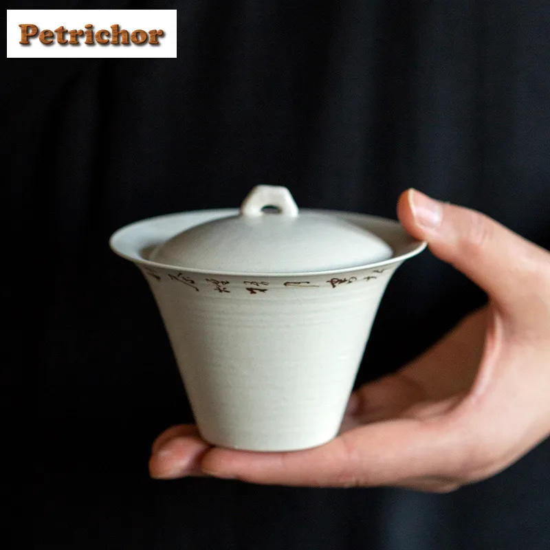 

150 мл порошок Инь, рукописная поэзия и проза, подкова, Gaiwan Zen, чайная подставка, чайная чаша с крышкой, комплект чайника, крышка, чаша, посуда