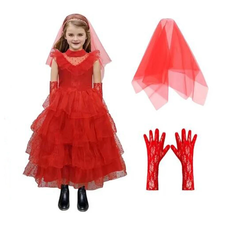 Red Tulle Gown+Veil+Gloves Kids Girls Dress Summer Sleeveless Princess Casual Dresses For Halloween Christmas Party Clothes New