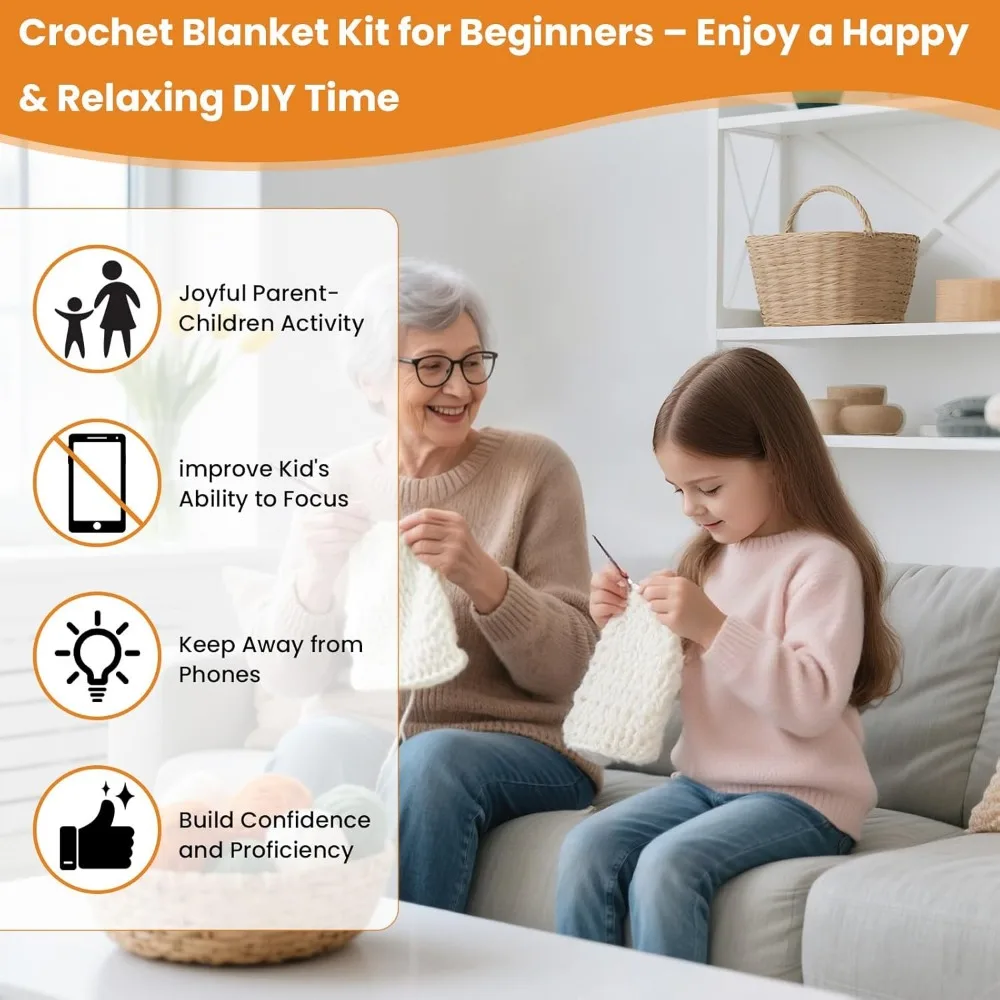 Beginner Crochet Kit – DIY Floral Blanket with Hook, Pattern & Step-by-Step Video Tutorial, Easy Craft Gift for Women, Christma