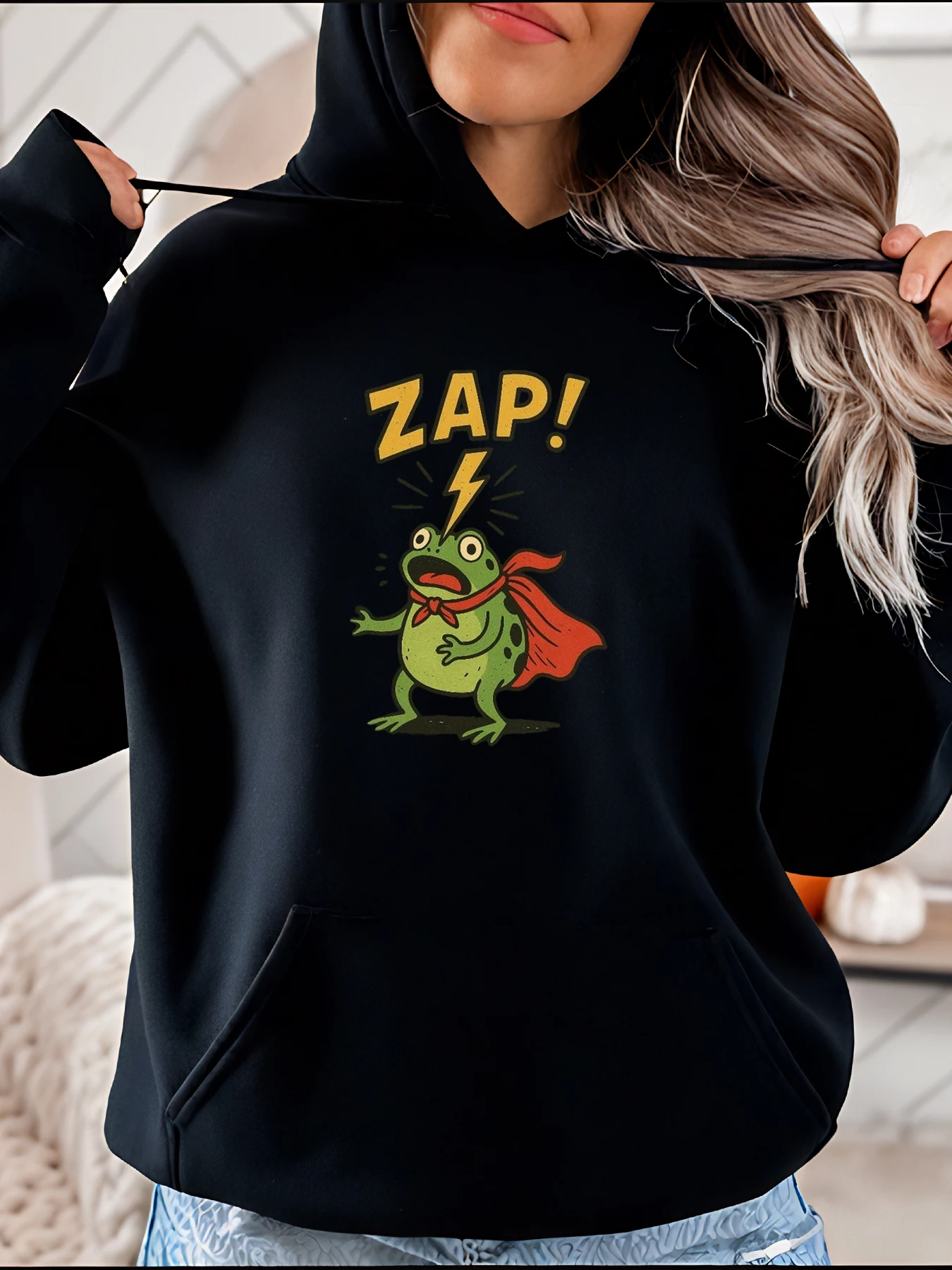 Frog Superhero Print Hoodie Casual Cartoon Design Women Streetwear Fashion