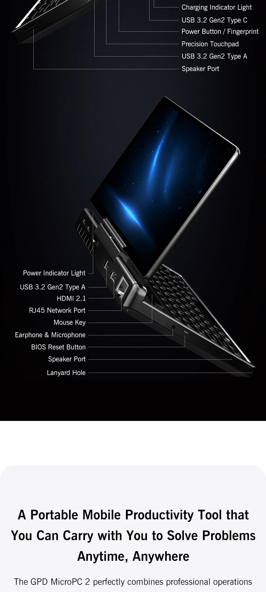 New 7-inch Screen Mini Laptop GPD MicroPC 2 Intel® Core™ I3-N250 16GB/512GB Portable Laptop Computer Notebook Windows 11