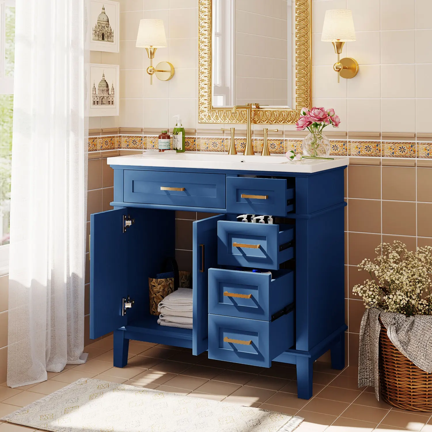 

36" Bathroom Vanity Blue Resin Sink Modern Cabinet Soft Close Doors Drawers