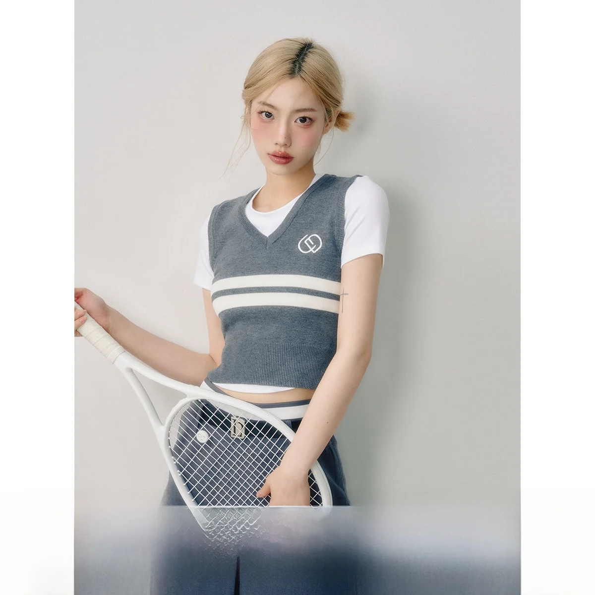 

LaluneDuCiel Vintage Striped Knitwear Women's V-Ne Outerwear Embroidered Logo ort Sve Casual Summer Top