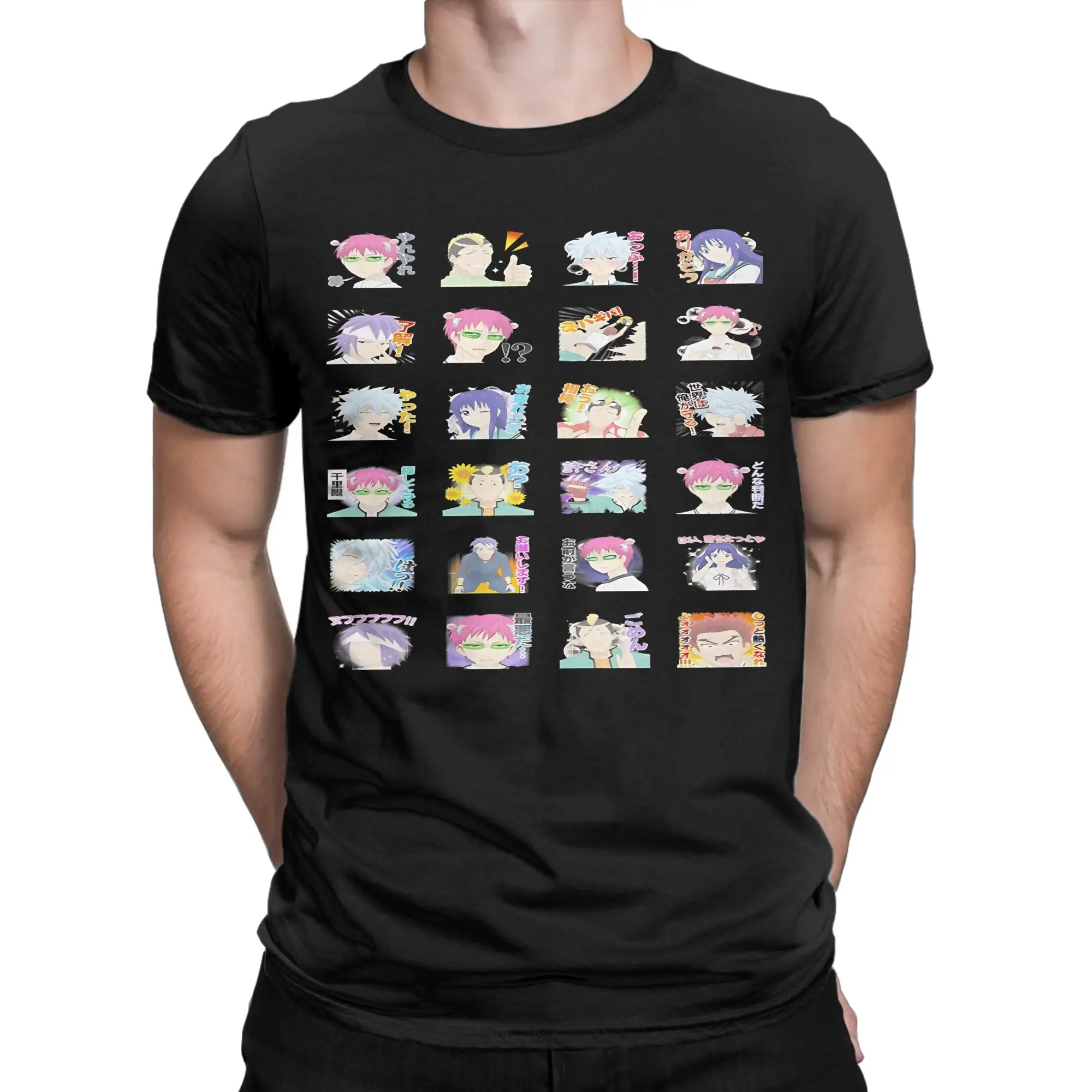 Colorful Chibi Character  Classic Saiki Kusuo Funny 100% Cotton T-Shirt Tees Tops For Men