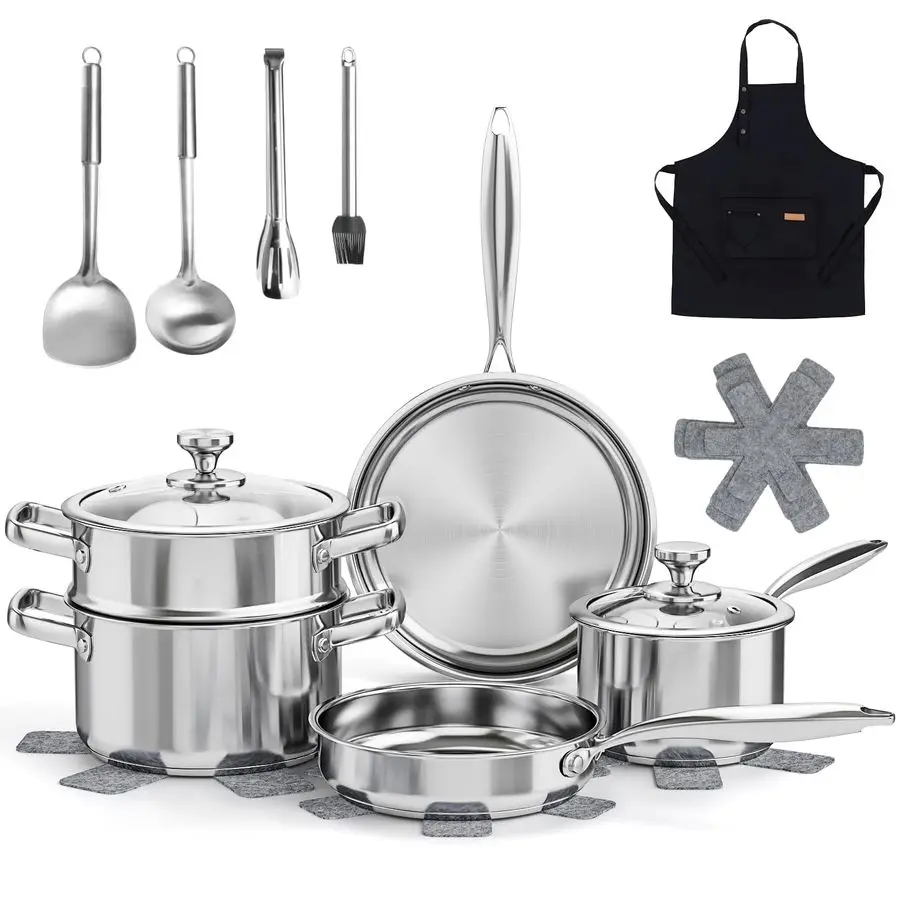 

Pots and Pans Set Non Toxic, 16PCs Stainless Steel Cookware Set with Steamer, Kitchen Induction Cookware with Utensil Sets, Pot