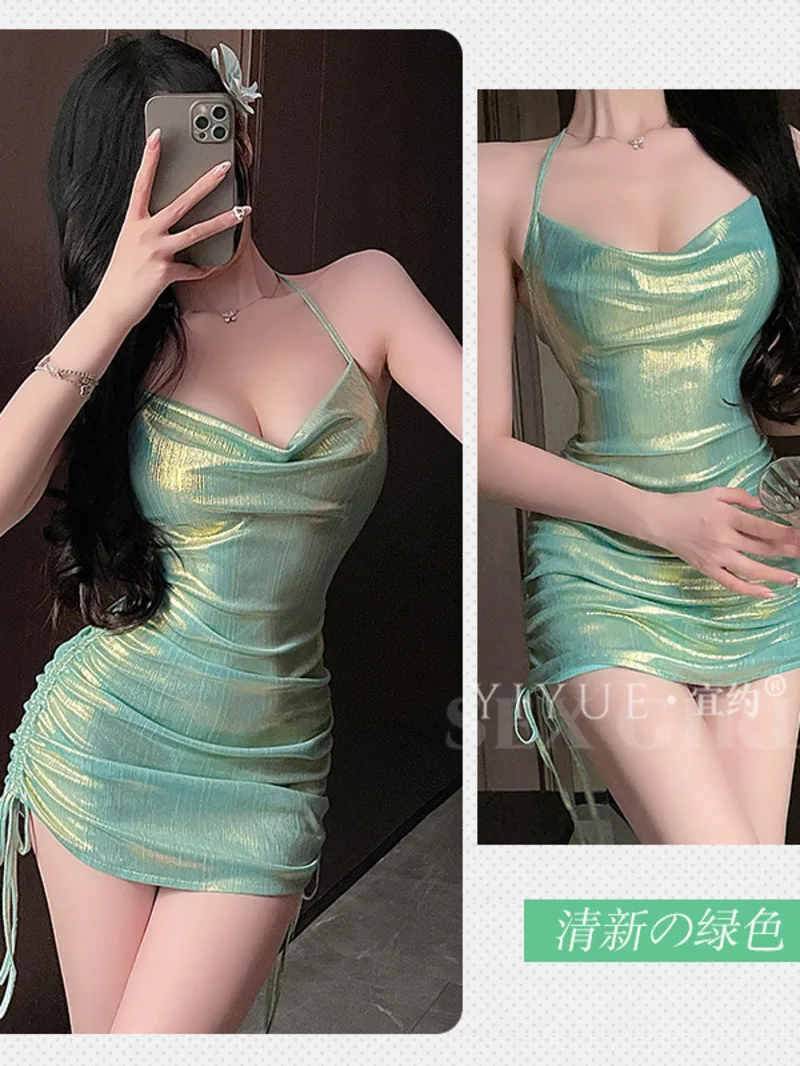 فتاة حارة مثيرة، ملهى ليلي لامع مثير، فستان نسائي مغر نحيف مطوي أنيق بدون أكمام فستان قصير مثير للنساء I23U