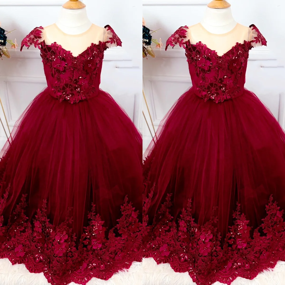 

Customized Dark Red Flower Girl Dress Burgundy Lace Kids Wedding Dress Beaded Girl Dress Birthday Dress for Princess