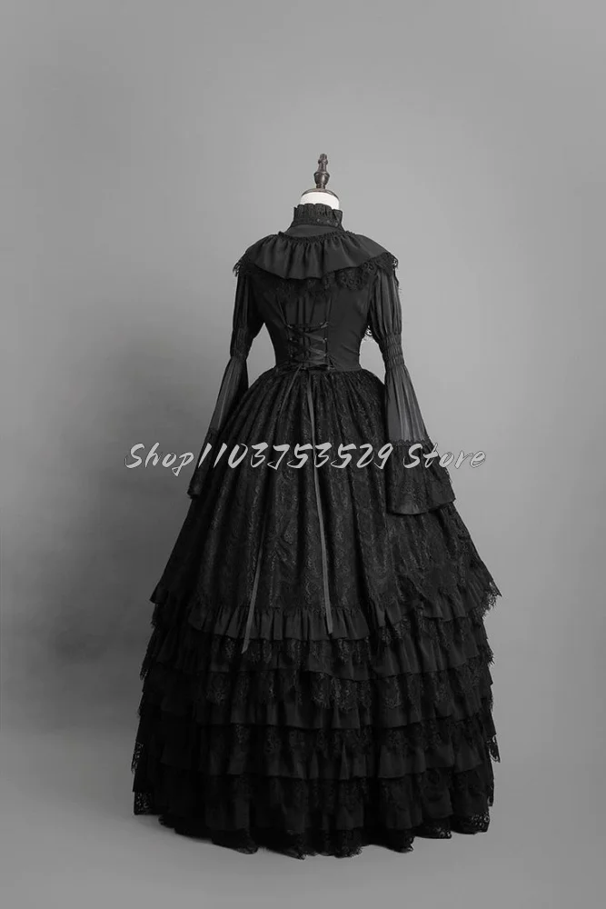 Vintage Black Gothic Prom Dresses Medieval Victorian High Neck Long Sleeve Tier Column Ruffle Lace Ruffles Custom Ball Gowns