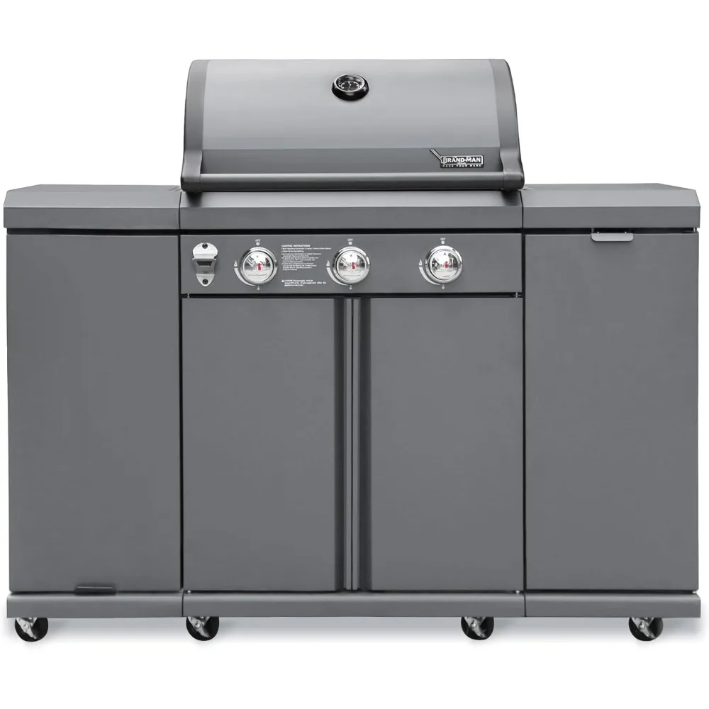 

Brand-Man 3 Burner Gas Outdoor Kitchen Island Grill - 30,000 BTU Stainless Steel BBQ Grill Station with Storage Cabinets, Fold-o
