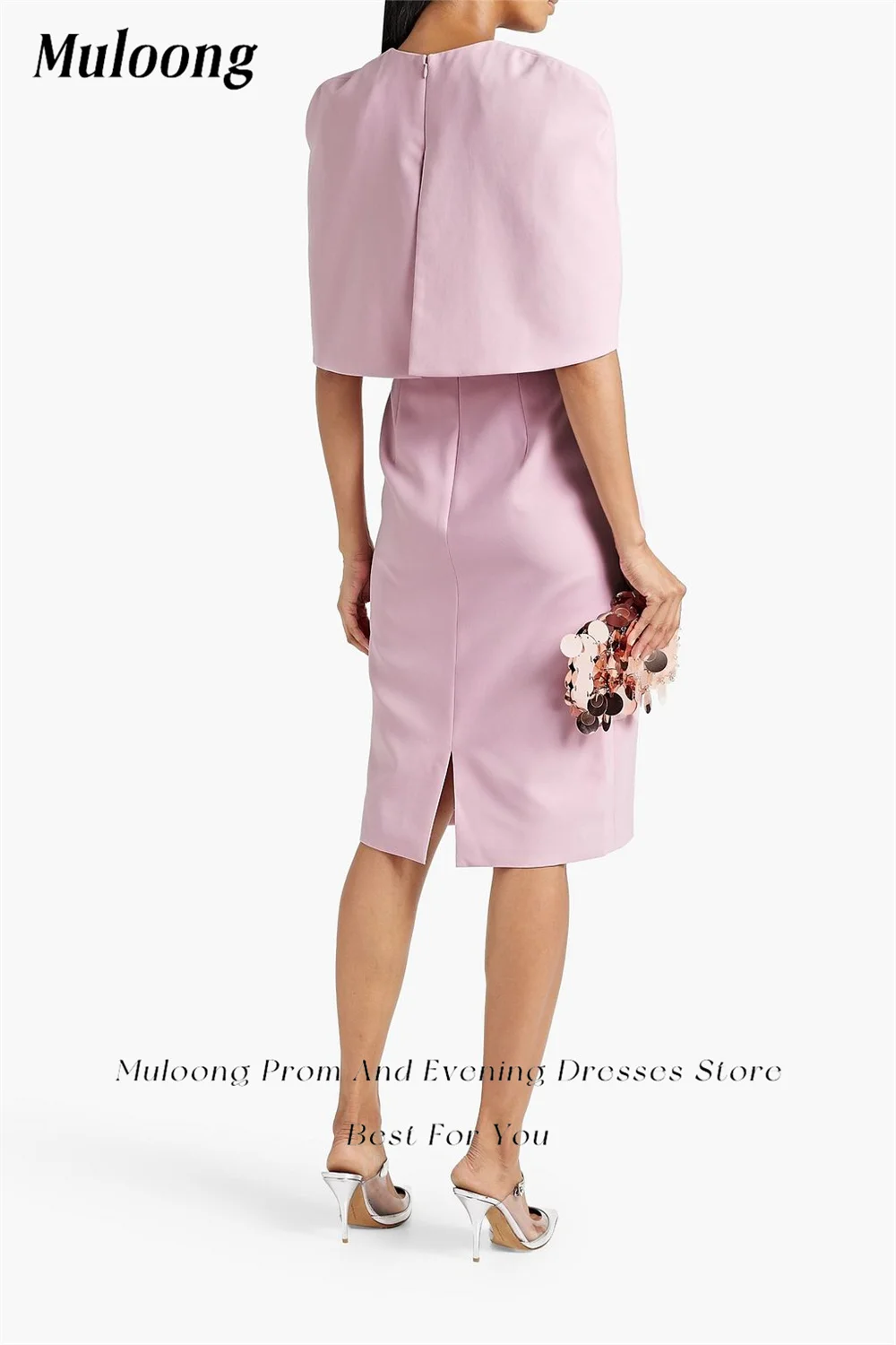 Muloong Light Pink V Neck Midi Dress Cape Sleeves Classic Evening Dress 2023 Crystal Mermaid Saudi Aribia Cocktail Party Dress