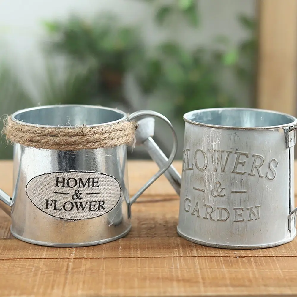 Vintage Garden Flower Bucket Embossed Wrought Iron Sheet Watering Can Holder Vases Home Office Decor