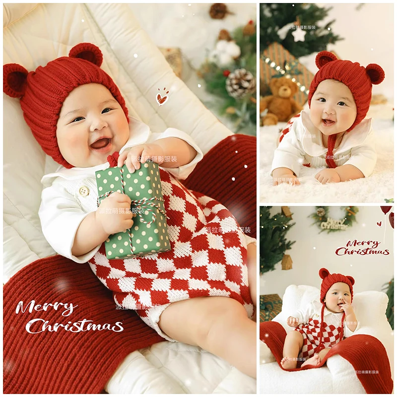 ชุดถ่ายภาพเด็กทารกสำหรับถ่ายภาพร้อยวัน ชุดถ่ายภาพธีมคริสต์มาสสีแดงสำหรับถ่ายภาพในสตูดิโอและอุปกรณ์ประกอบฉาก