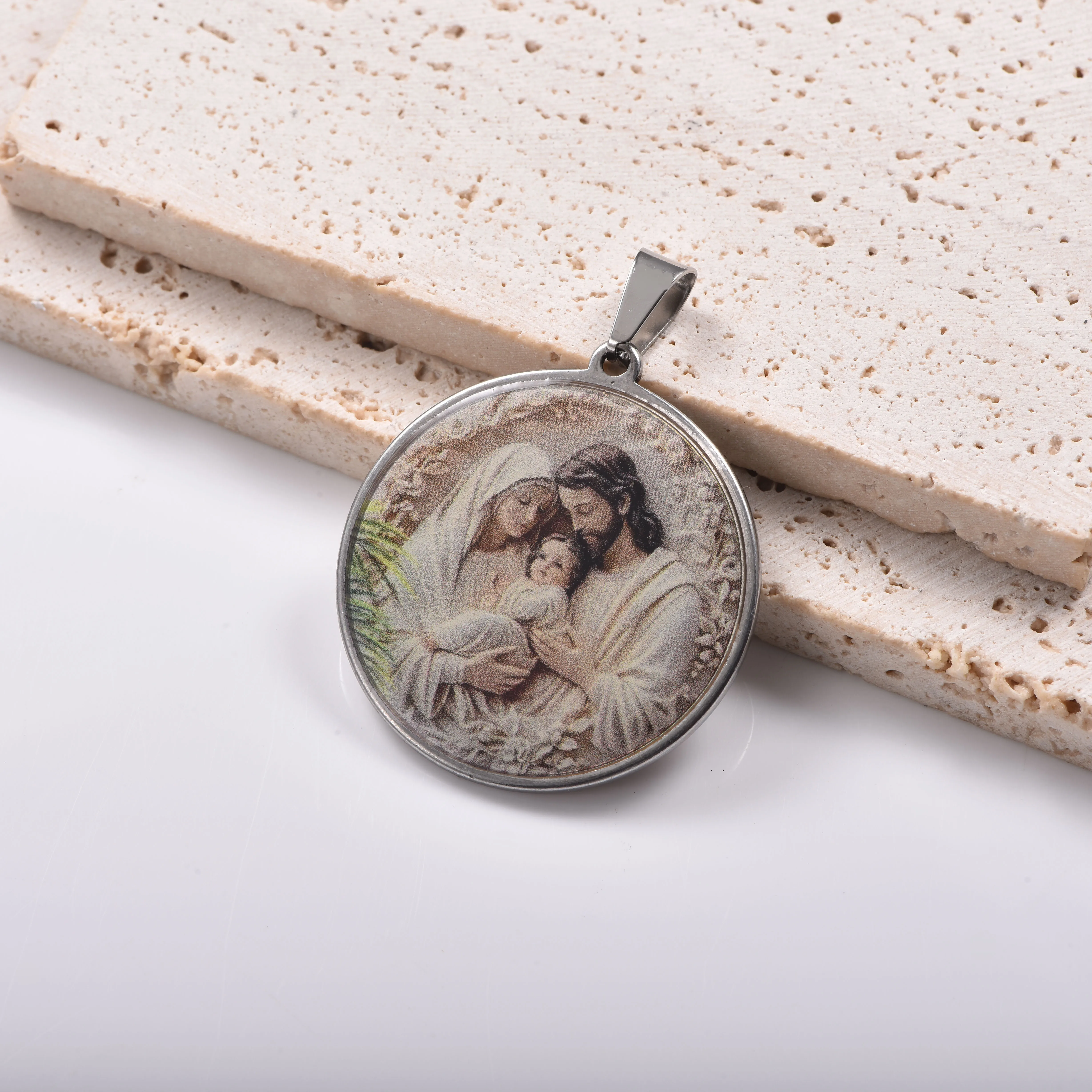Christlicher religiöser runder Cabochon-Anhänger, Edelstahl-Charm-Halskette, Zubehör, handgefertigte Schmuckherstellungsmaterialien – Detail 4