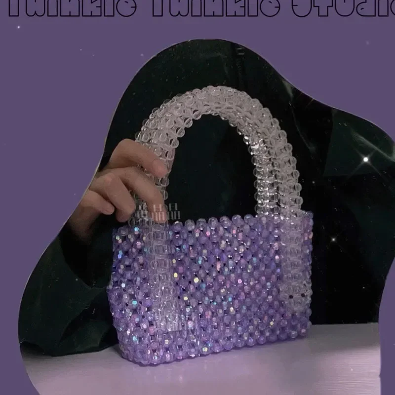 

Ins Cute Fairy Crystal Bag Fashion Purple Shiny Design Beaded New In Handbag Handwoven Acrylic Evening Party Women's Bags 2024