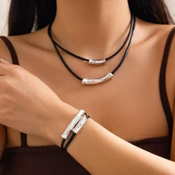 PuRui Trendy Double-layer Black Leather Wax Thread Adjustable Necklace Bracelet  Women Daily Versatile Aesthetic Jewelry Suit