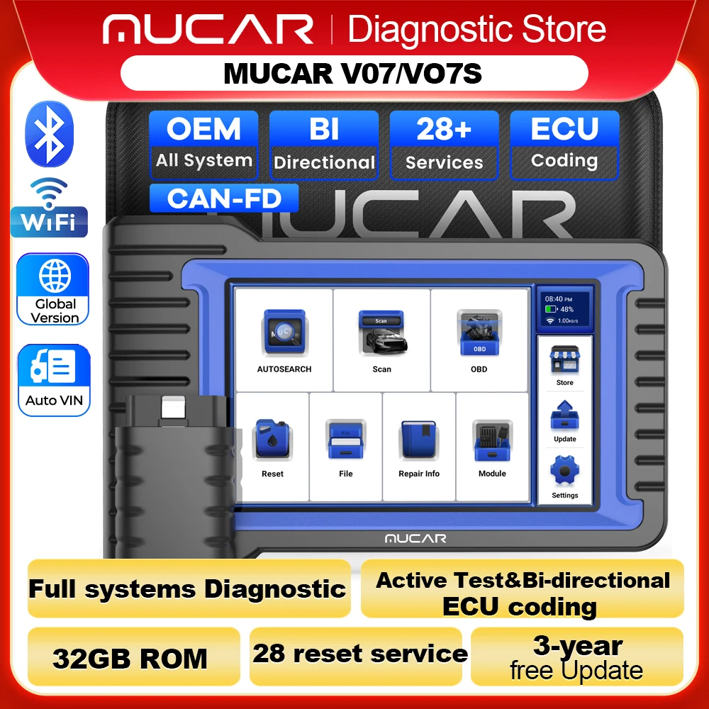 MUCAR VO7S/VO7 OBD2 Scanner Full System Diagnose 28 Reset Diagnostic Tool ECU Coding Active Test/Bi-directional Free for All Car