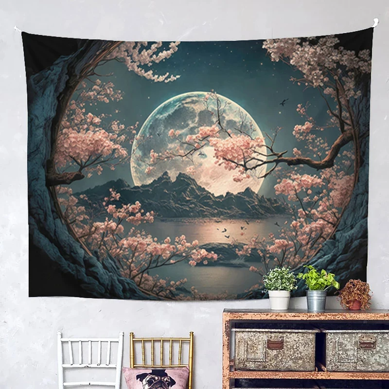 VIKAMA Sakura Tapestry Cherry Blossom Starry Night Moon Mountain Wall Hanging Fairycore Aesthetic Decor Bedroom Art Cloth