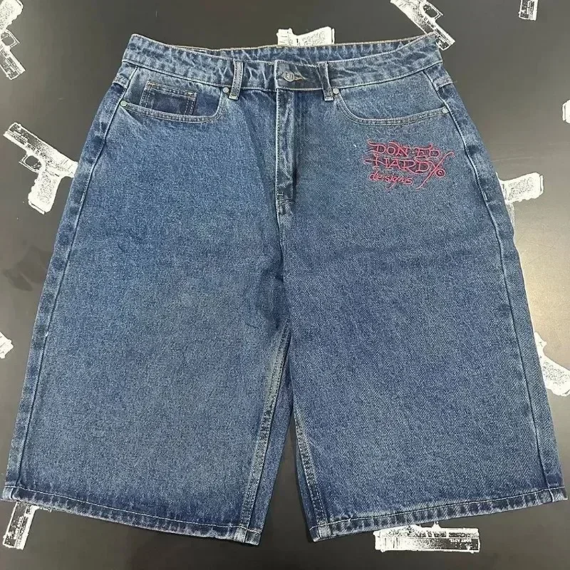 Celana pendek Denim olahraga longgar musim panas celana pendek huruf mode baru pria celana pendek Retro Harajuku Hip Hop celana kaki lebar Streetwear