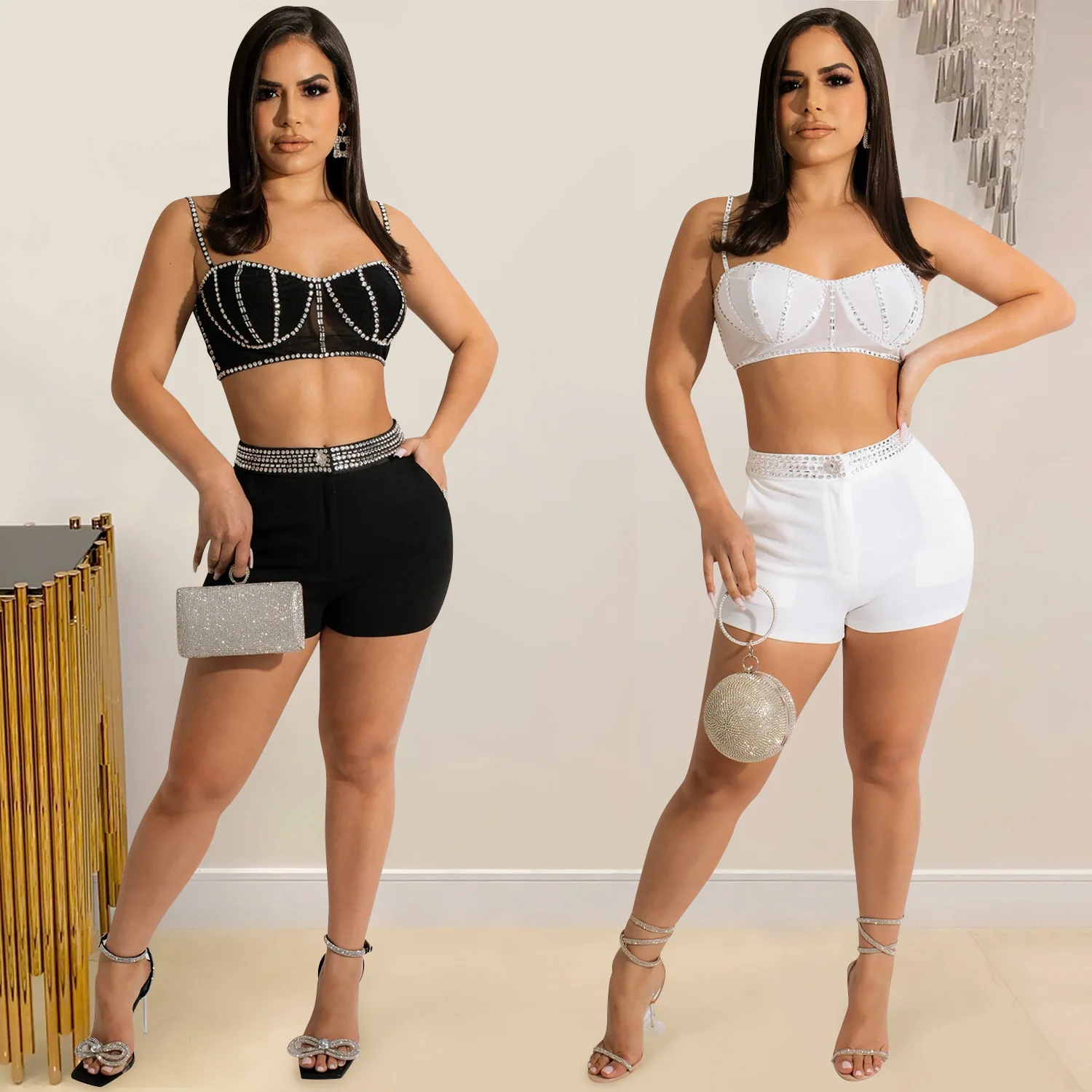 Hot Drilling Sheer Mesh Patchwork 2 Piece Set Women Summer Sexy Sling Crop Top + Shorts Shiny Club Party Outfits Matching Set