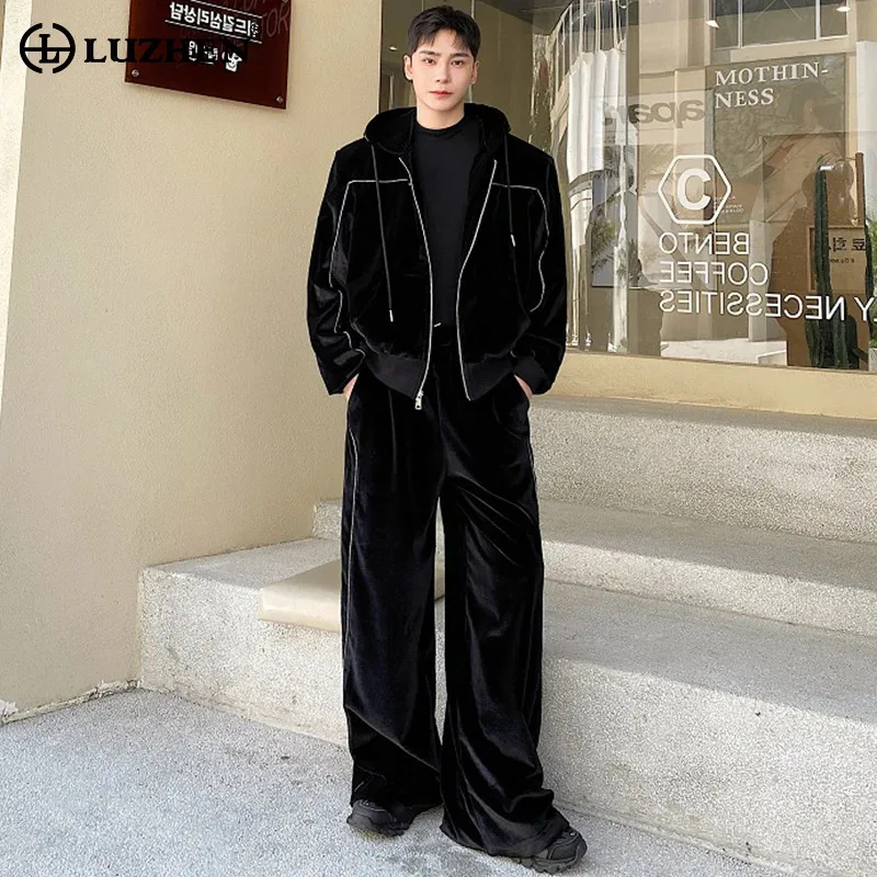 LUZHEN Personalized Men's Korean Velvet Casual Hooded Set Ribbon Sweatshirts Trendy Wide Leg Pants 2024 Autumn Two-piece LZ6849