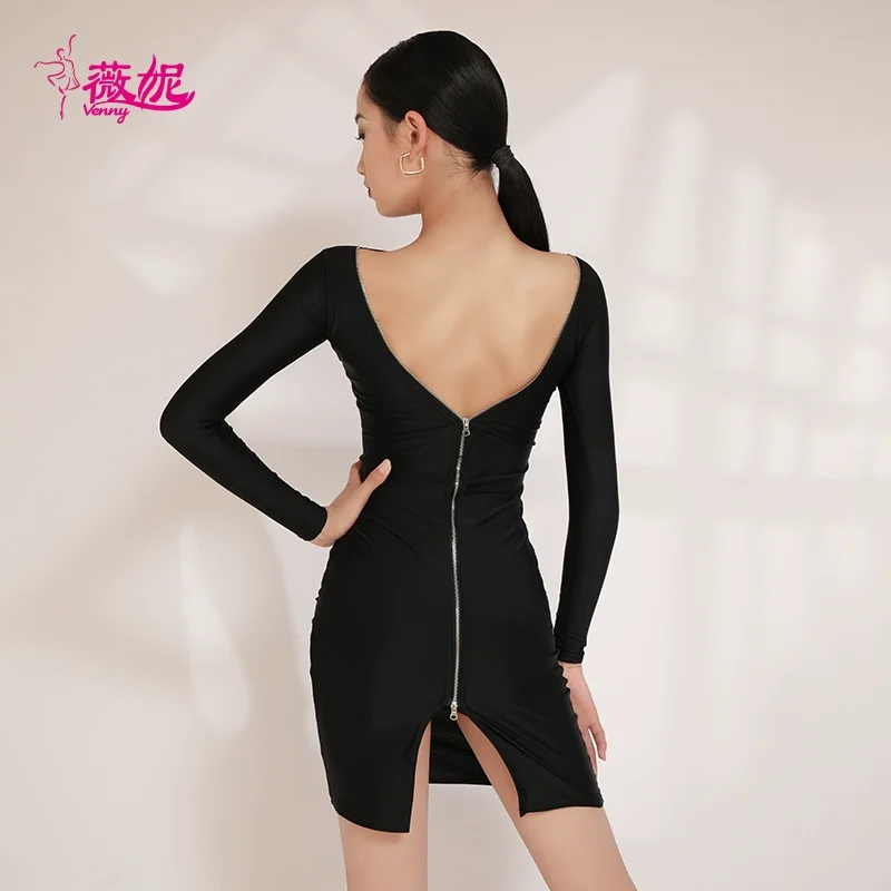 فستان رقص لاتيني ستايل للفتيات، أكمام طويلة الكل في واحد، زي تدريب احترافي قياسي لقاعة الرقص