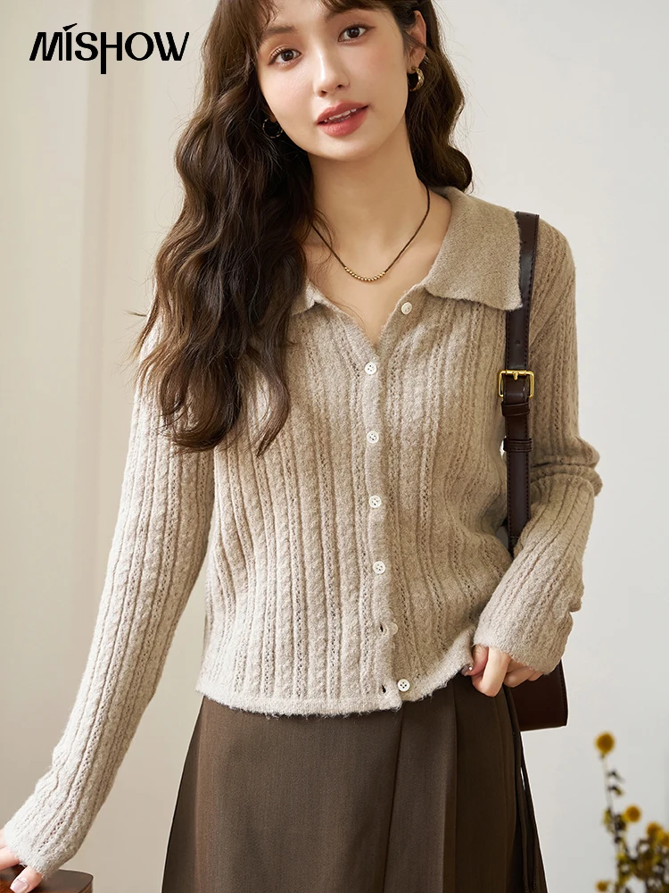 MISHOW Women\'s Knitted Cardigan Sweaters 2024 Autumn Button Lapel Solid Slim Sweater Single Breasted Fashion Crop Top MXC42Z0106