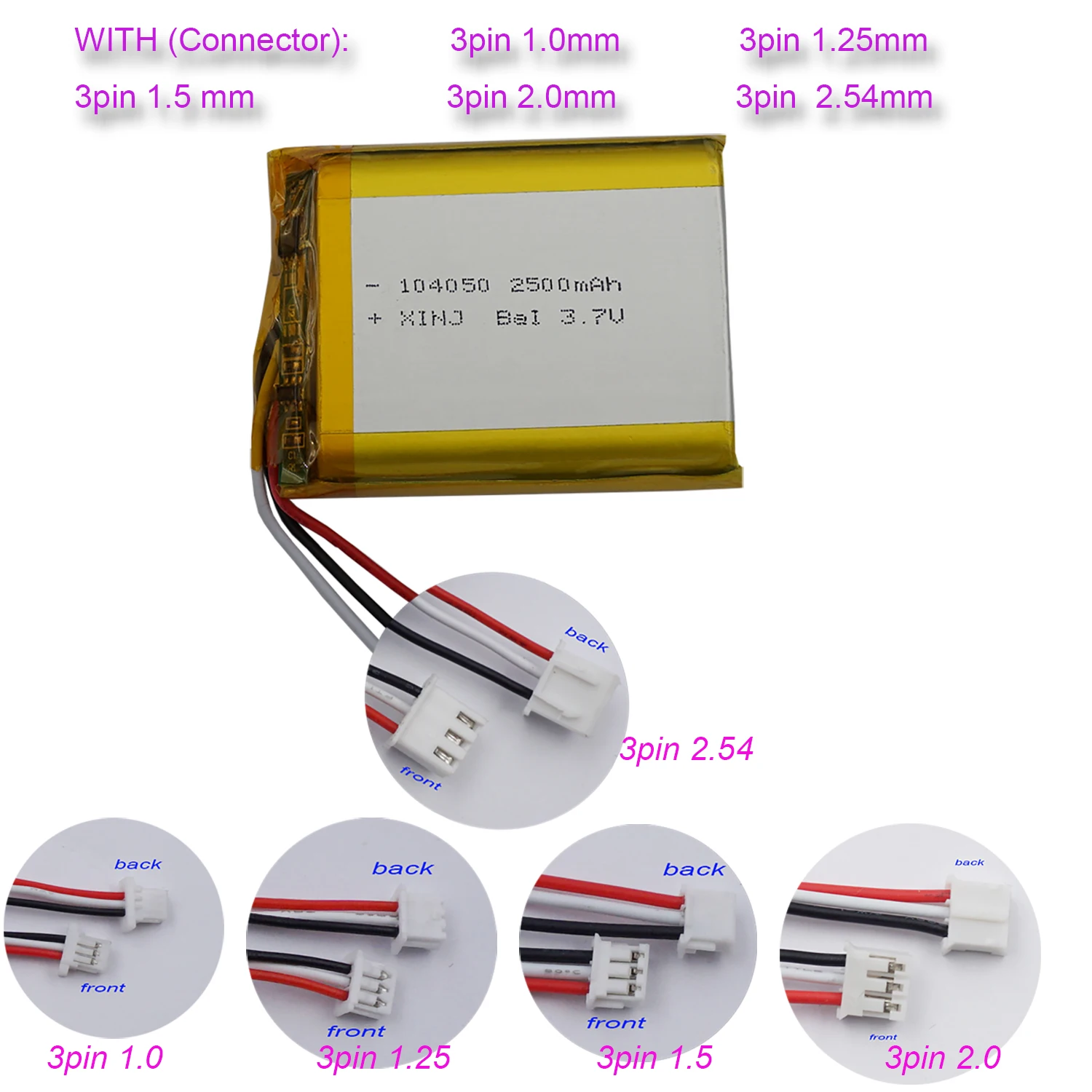 3.7V 2500mAh 9.25Wh Li-Polymer Li Battery 104050 Thermistor 3 Cables JST 3Pin Connector For GPS Camera DashCam Bluetooth Speaker