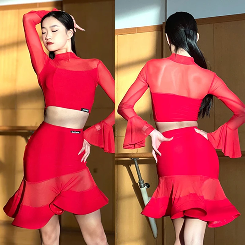 Latin Dance Costume Women Red Tops Skirt Long Sleeves Rumba Dance Wear Adult Club Performance Clothes Dress 2pcs Sets DNV19264