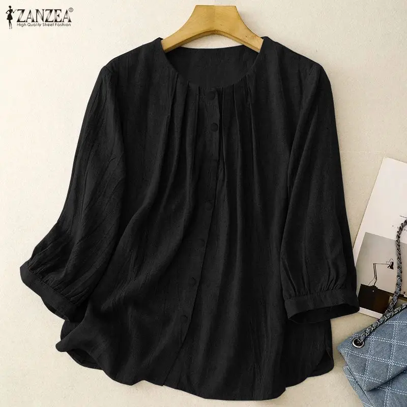 Vintage Shirts ZANZEA Autumn Spring Blouses Women Casual O Neck 3/4 Sleeve Tops Solid Buttons Down Blusas Mujer Femme Work Shirt