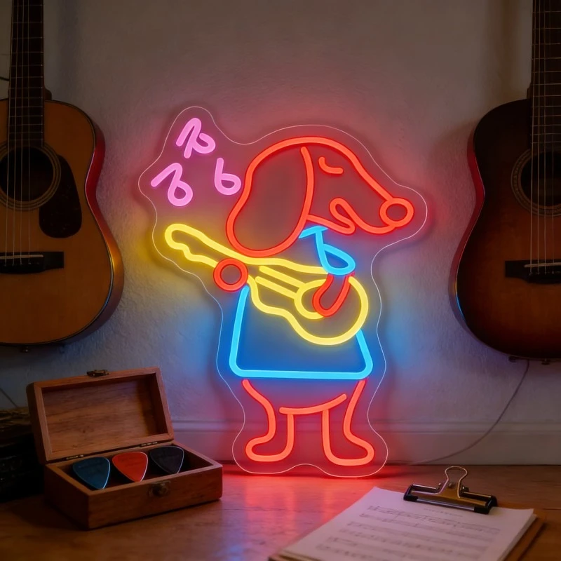 

Cute Dachshund Dog Playing Guitar Neon Sign LED Wall Art for Music Room Studio Decor Kawaii Animal Night Light USB Powered Gift